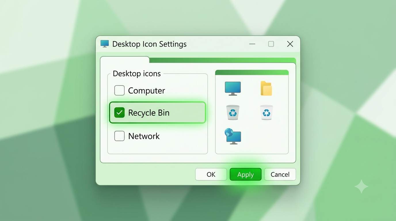 Windows 11 Desktop Icon Settings dialog with the Recycle Bin checkbox ticked and the Apply button highlighted