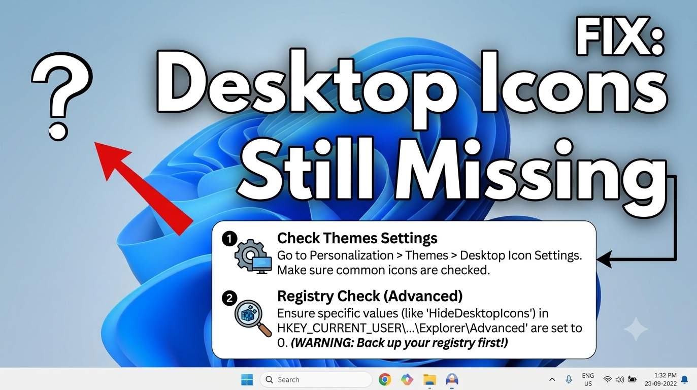Windows 11 desktop with missing icons, only the wallpaper and taskbar visible