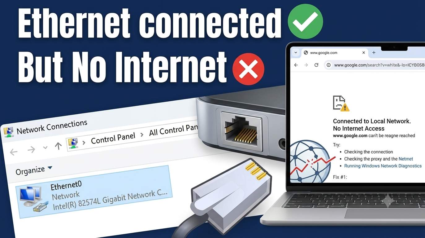 Windows network icon showing no internet access while Ethernet is connected