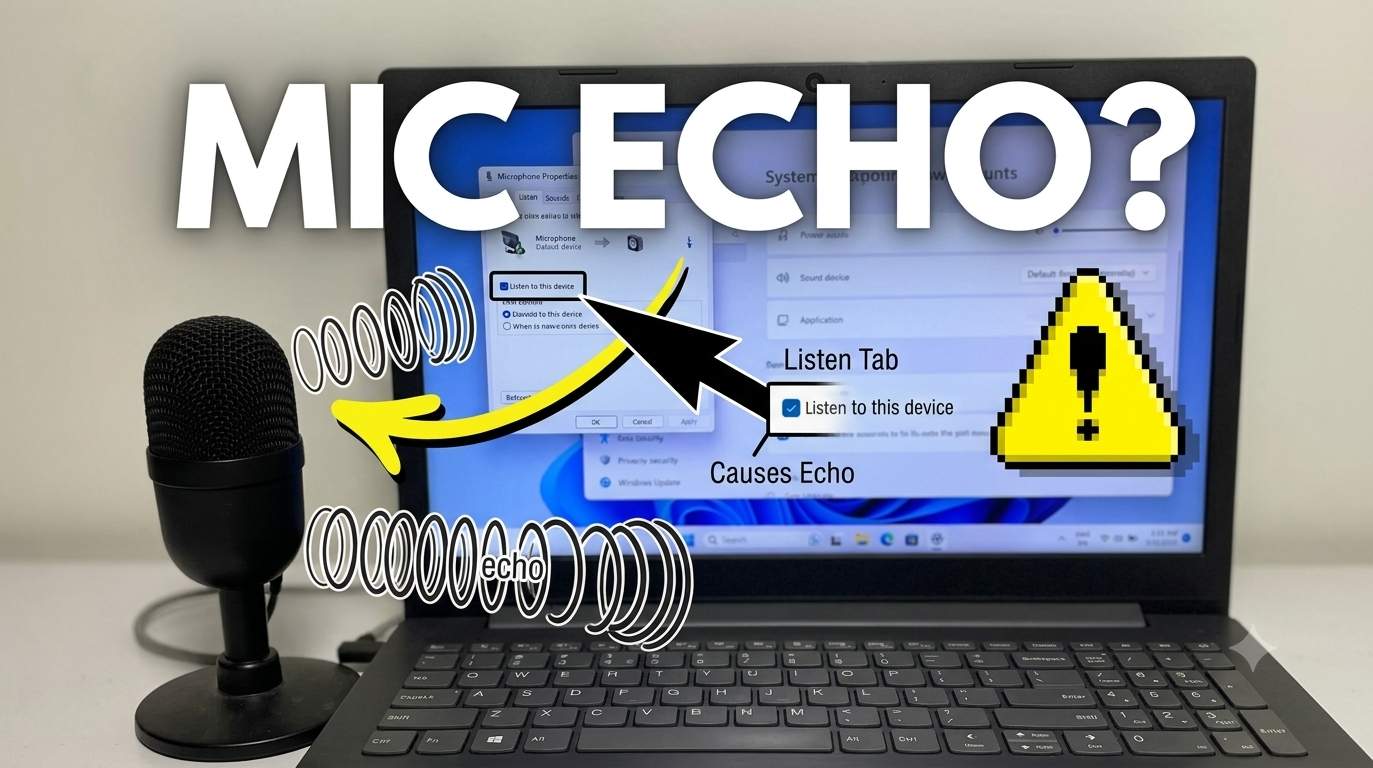 Windows 11 laptop showing Sound settings with microphone echo fix options
