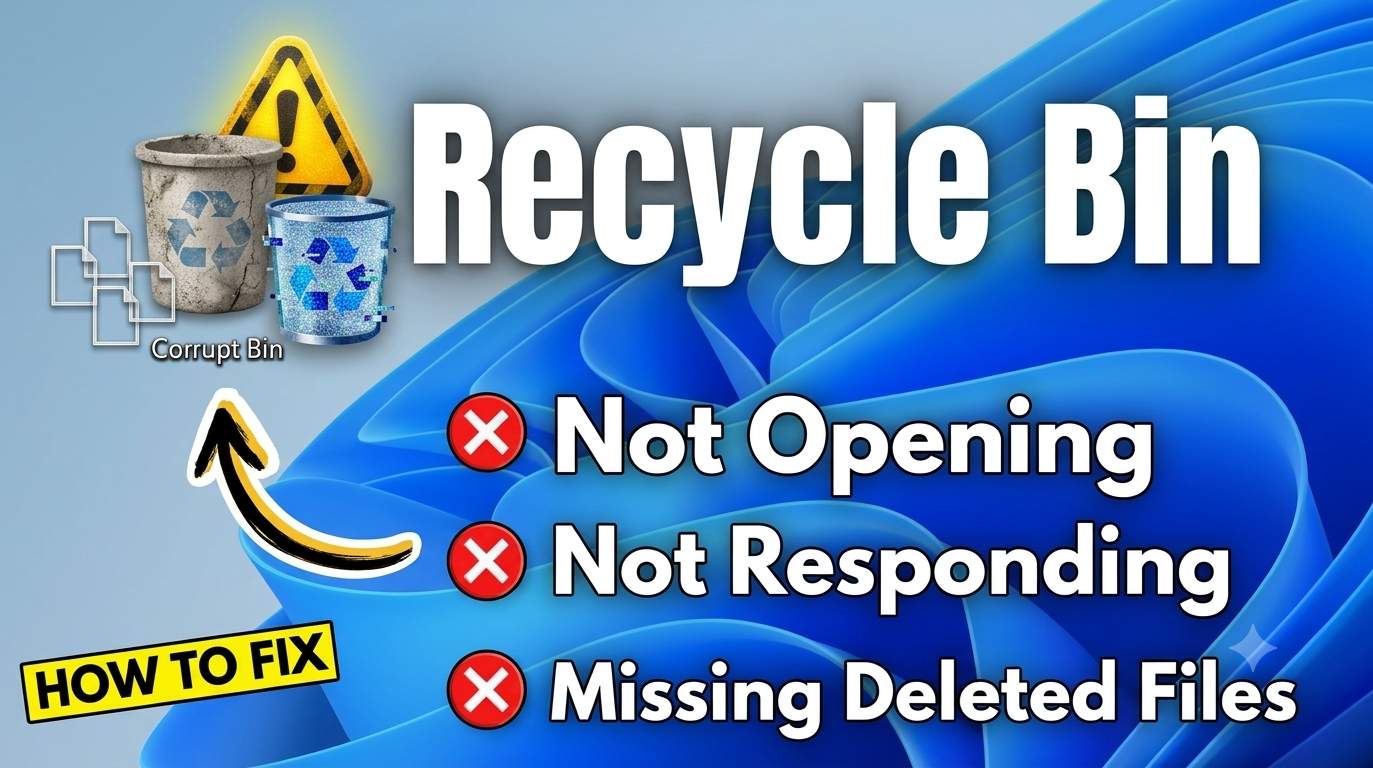 Windows 11 desktop with the Recycle Bin icon and an error message that it will not open