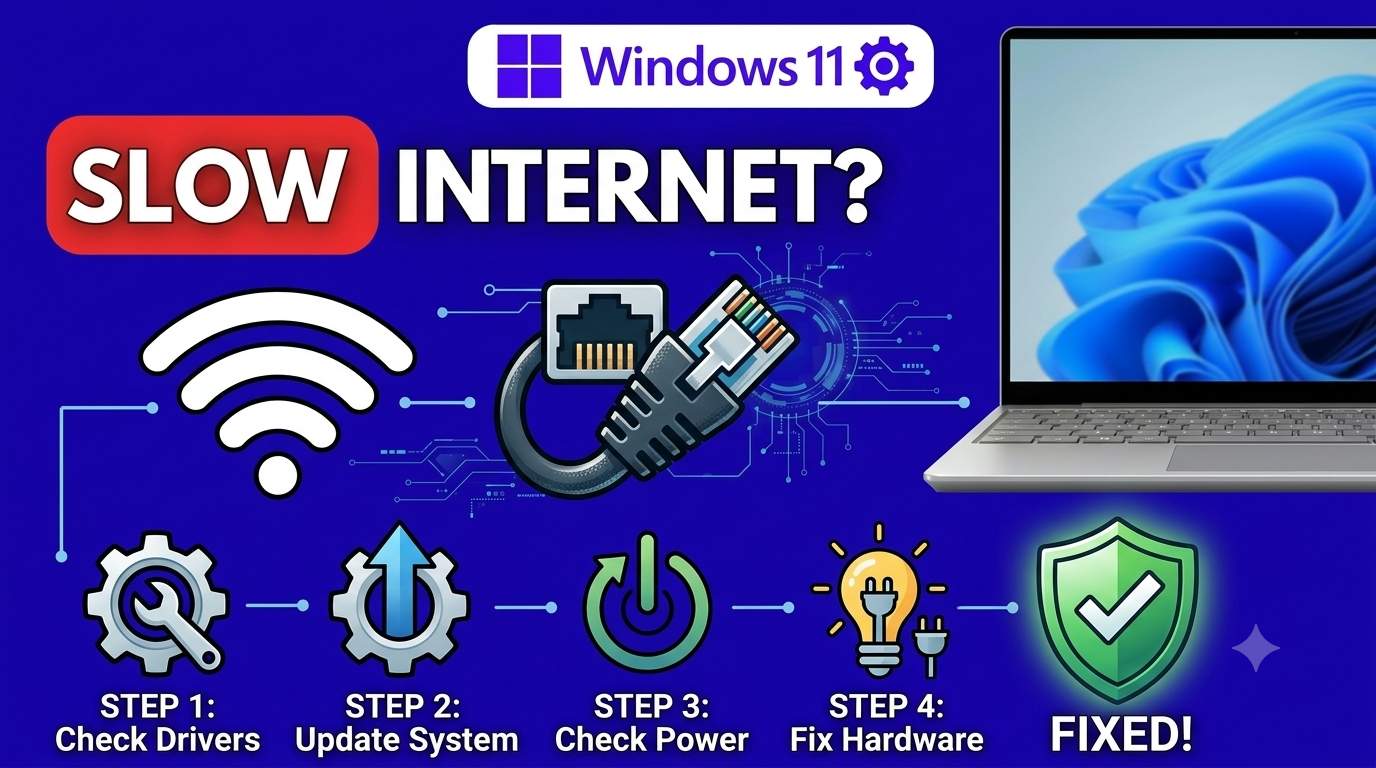 Windows 11 laptop showing a slow internet speed test result with Wi-Fi network settings open