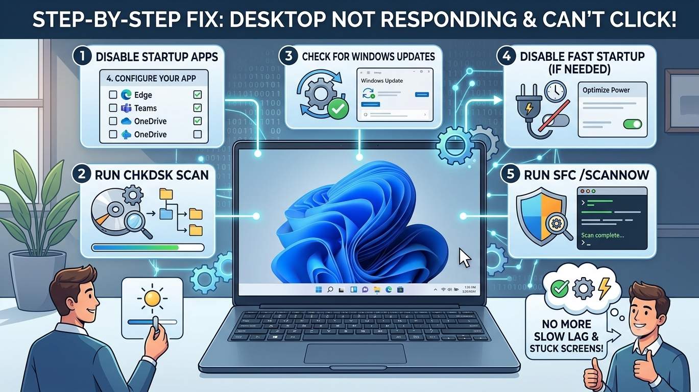 Windows 11 desktop with a frozen taskbar and a mouse cursor that cannot click anything after signing in