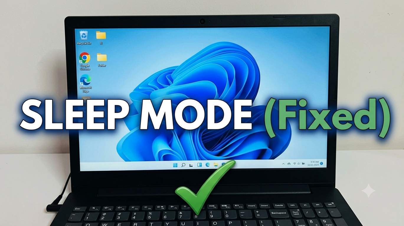Windows 11 laptop with Power and battery settings open showing sleep timeout options and a Sleep button