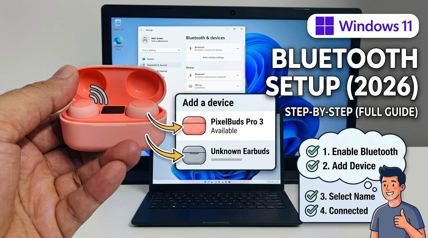 Bluetooth earbuds connected to a Windows 11 laptop with the Bluetooth & devices settings page showing Connected