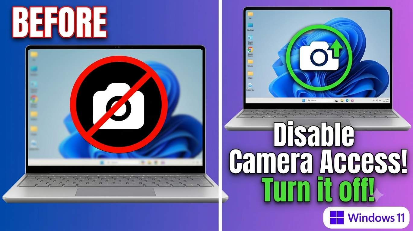 Windows 11 Cameras settings page with the Disable button for a laptop webcam