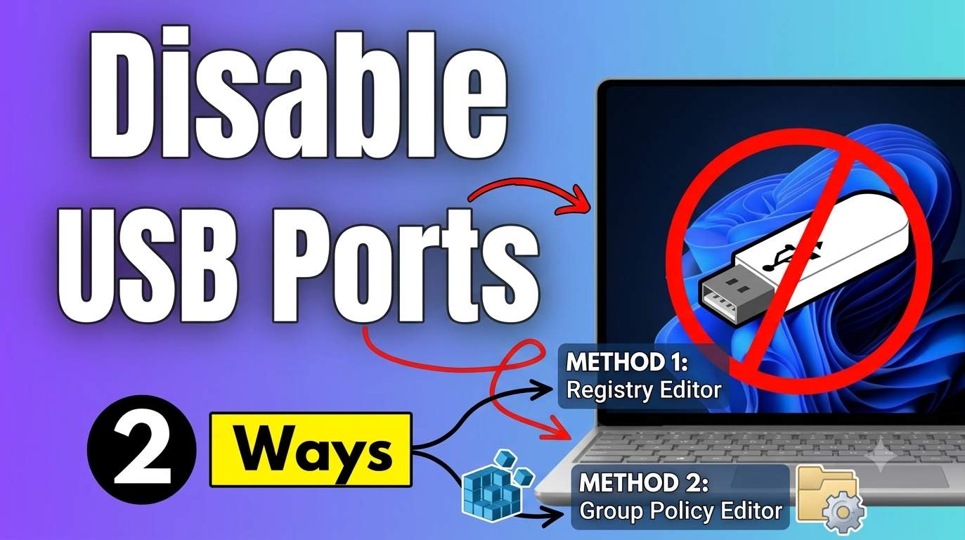 Windows 11 Device Manager with USB Root Hub disable option and a USB port
