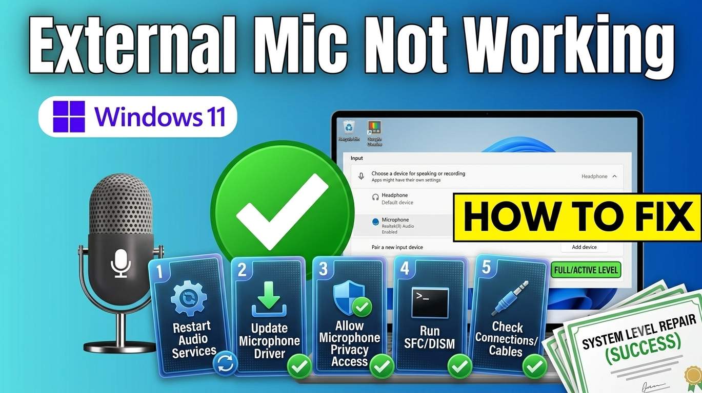Windows 11 Sound settings showing an external microphone input with a level bar