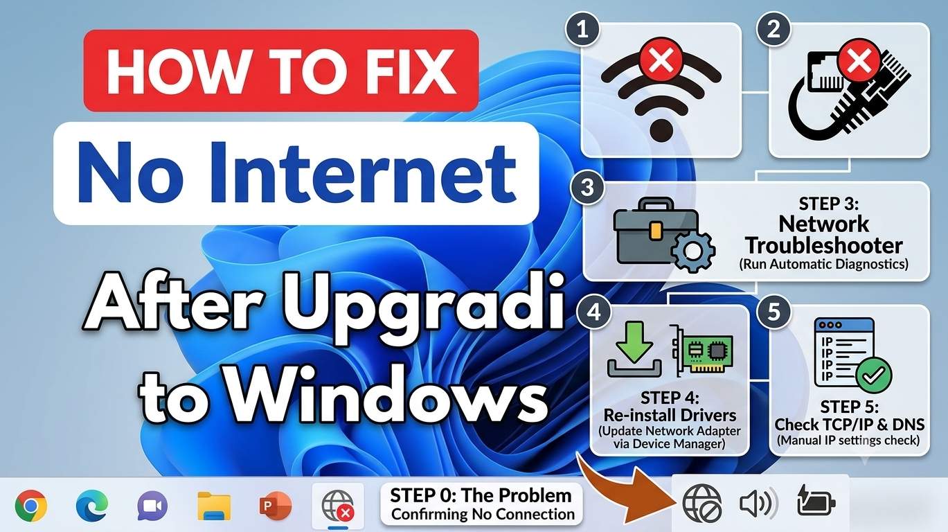 Windows 11 Wi-Fi icon showing no internet after upgrading
