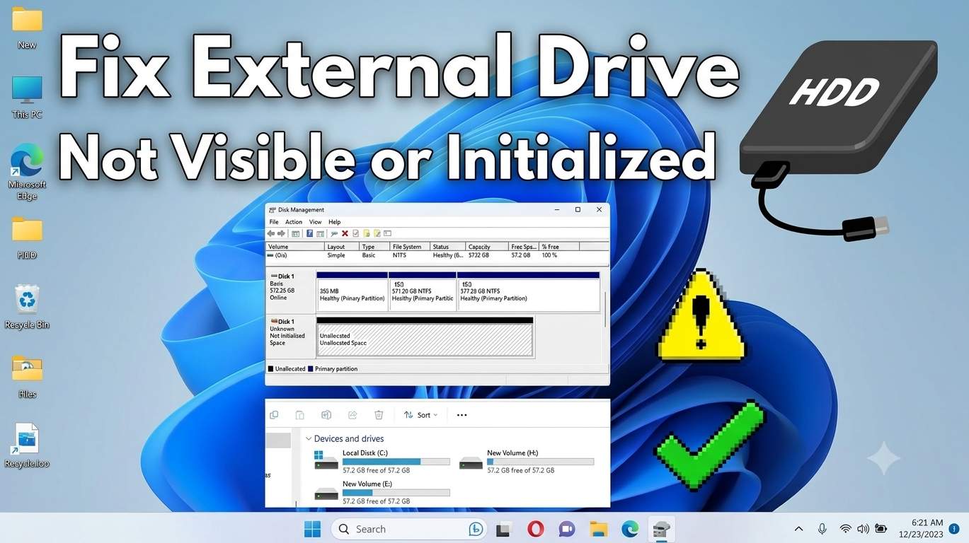 Windows 11 File Explorer missing the external hard drive while Disk Management shows the disk