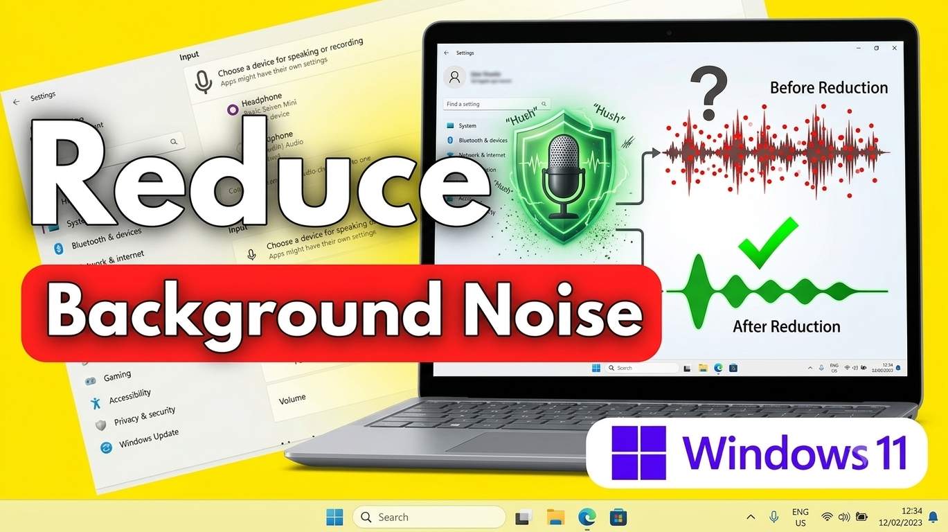 Windows 11 Sound settings showing the microphone input volume and the Voice Focus audio enhancement toggle, with a USB microphone and headset on a desk to reduce background noise