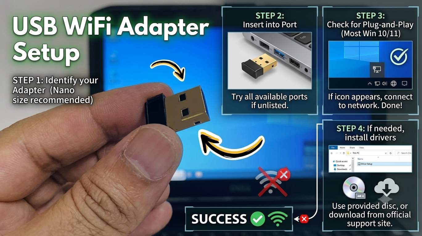 USB WiFi adapter plugged into a laptop USB port with the Windows 11 Wi-Fi network list open on screen