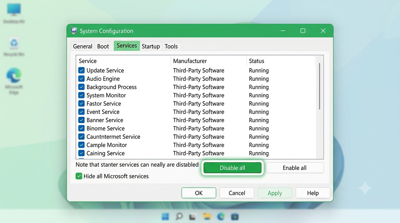 System Configuration window on Windows 11 with Hide all Microsoft services ticked and Disable all button highlighted