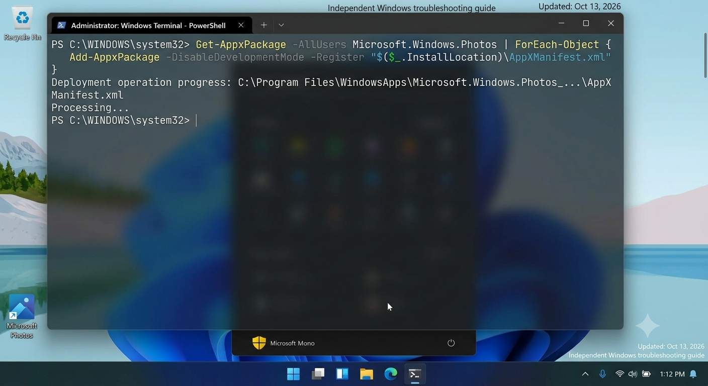 Windows Terminal Administrator window running PowerShell command to reset Photos app