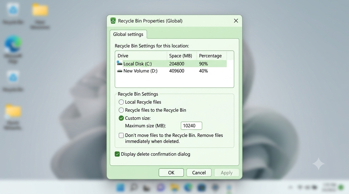 Windows 11 Recycle Bin Properties window with Custom size selected and the remove files immediately option left unticked