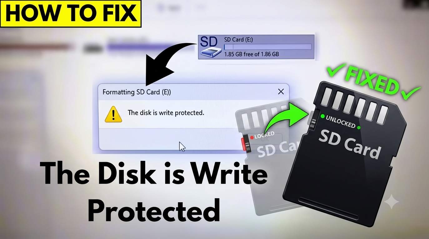 SD card with lock switch next to a laptop showing The disk is write protected error