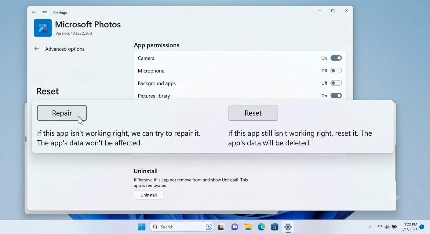 Windows 11 Advanced options for Microsoft Photos app with Repair and Reset buttons