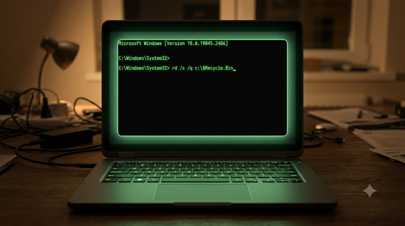Administrator Command Prompt on Windows 11 running the rd /s /q C:\$Recycle.Bin command to reset a corrupted Recycle Bin
