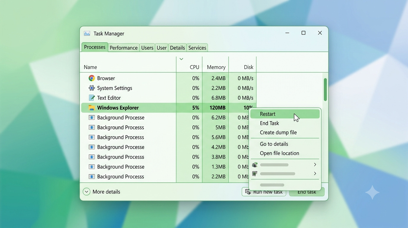 Windows 11 Task Manager with Windows Explorer selected under Processes and the Restart option highlighted