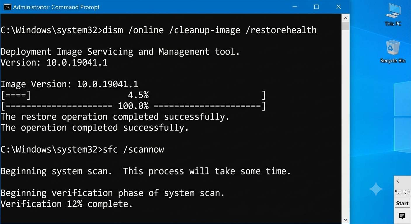 Command Prompt running DISM RestoreHealth and SFC scannow system file repair tools