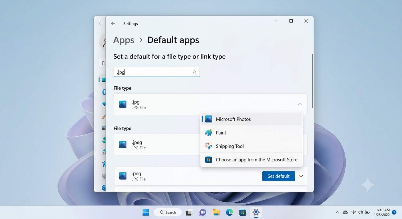 Windows 11 Settings page showing Default apps menu to choose Photos for JPG files