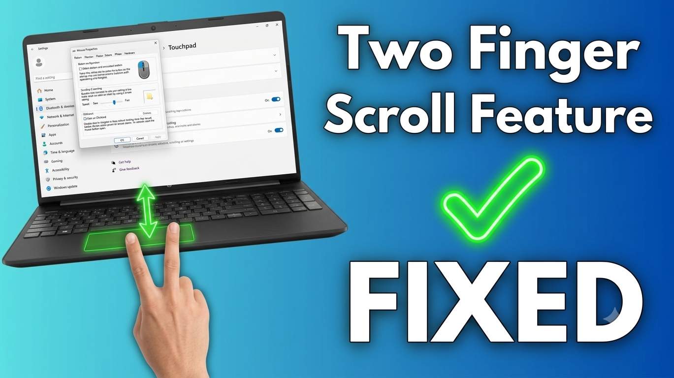 Windows 11 laptop touchpad with two fingers trying to scroll a web page while the two finger scroll feature is not working and the Touchpad settings page is open on the screen