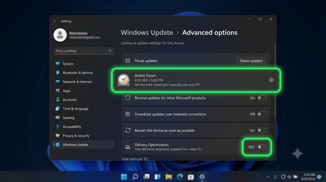 Windows 11 Windows Update advanced options with Active hours and Delivery Optimization