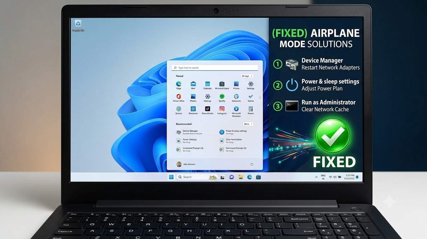 Windows 11 laptop showing the Airplane mode toggle in Quick Settings stuck on with Wi-Fi and Bluetooth unavailable