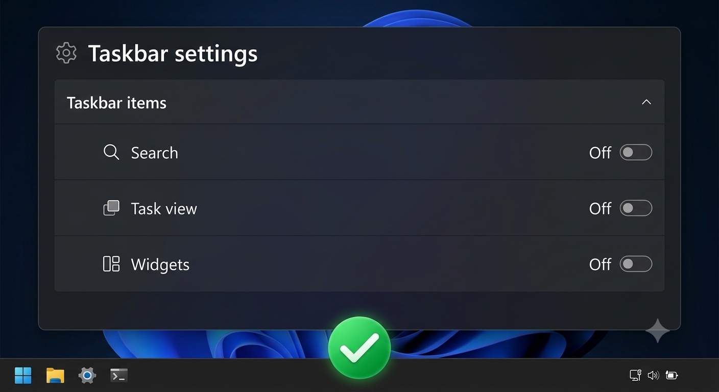Windows 11 taskbar settings with Widgets and Task view turned off