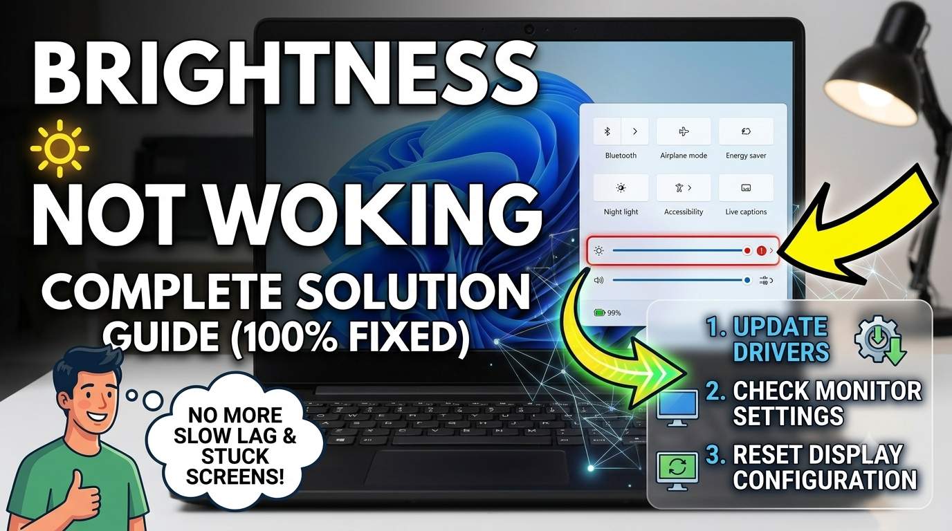 Windows 11 laptop screen with the brightness slider open in Quick Settings after fixing brightness not working following an update