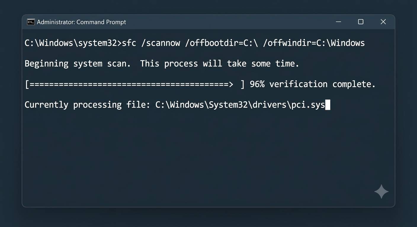Command Prompt running SFC scannow and DISM offline repair commands in Windows 11