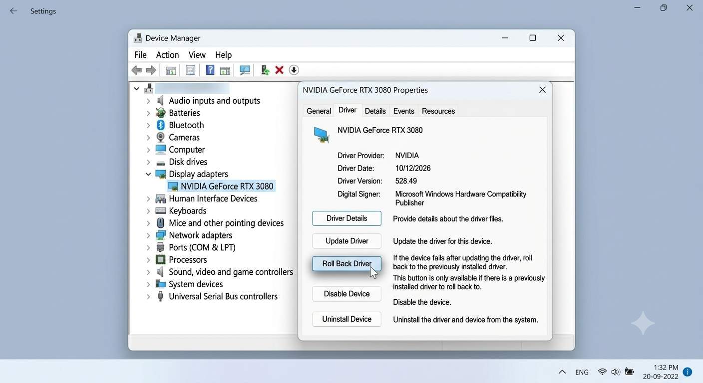 Windows 11 Device Manager showing Roll Back Driver button in device properties