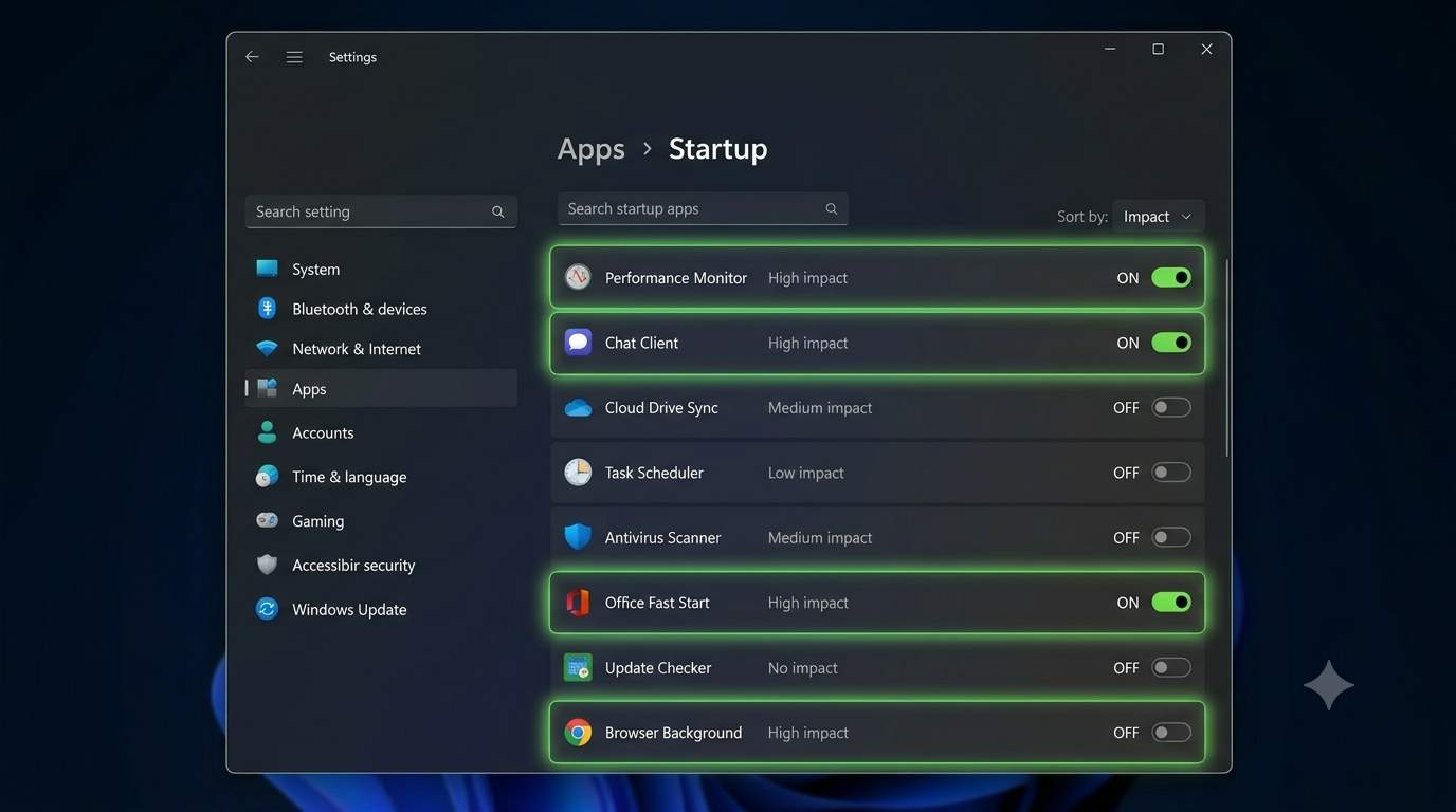 Windows 11 Startup apps list with high-impact apps turned off