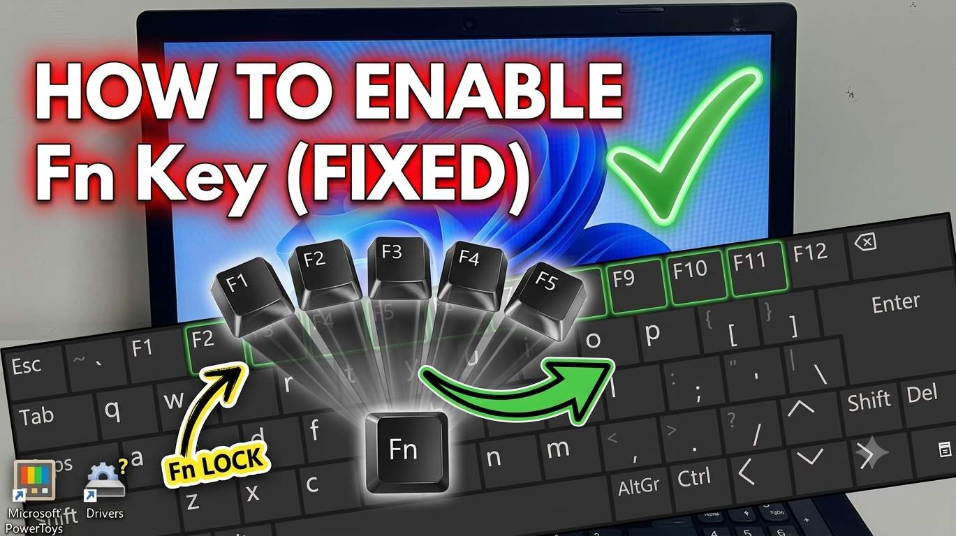Windows 11 laptop keyboard with the Fn key highlighted and the volume and brightness function keys on the top row