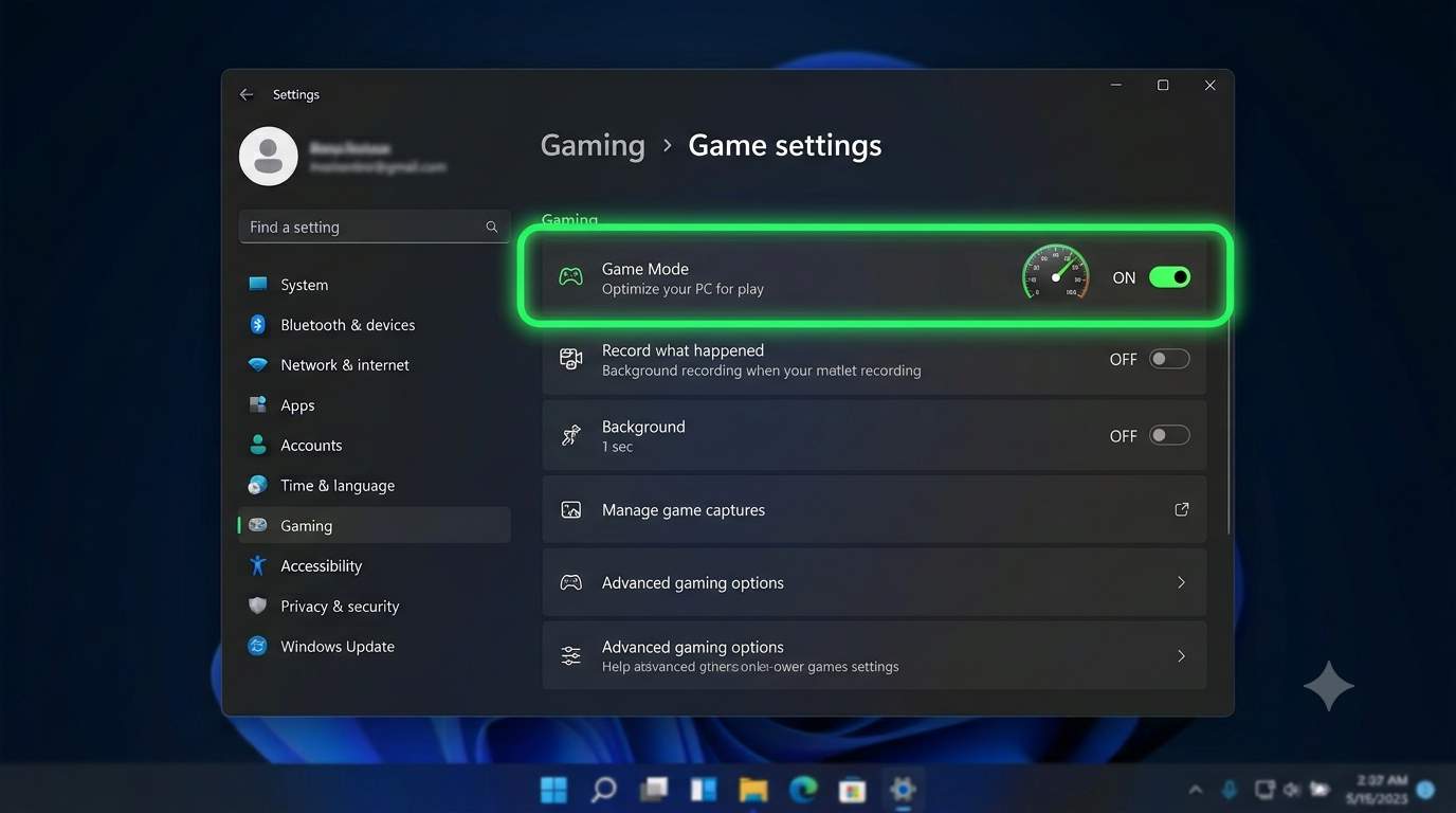 Windows 11 Gaming settings with Game Mode on and background recording off