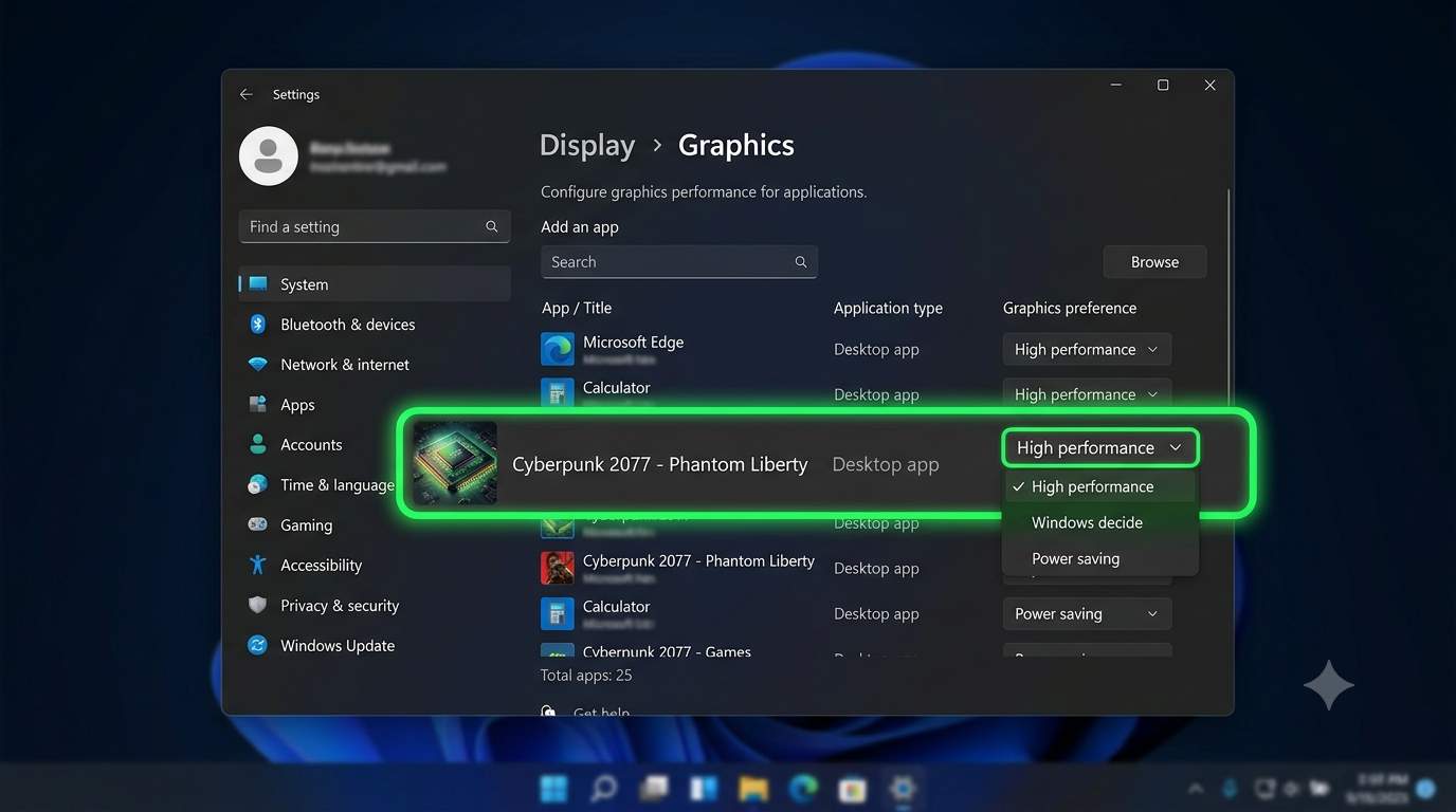 Windows 11 Graphics settings with a game set to High performance