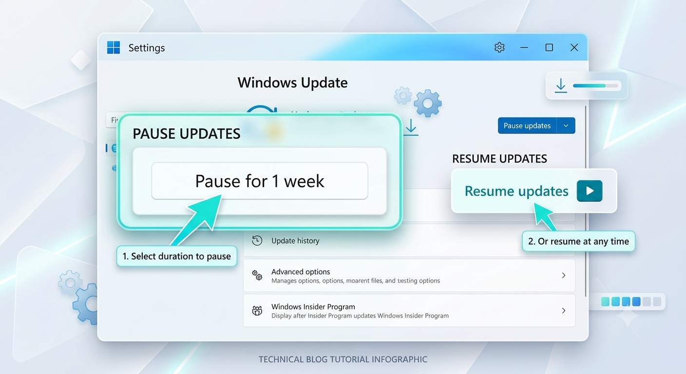 Windows 11 Windows Update settings page showing the Pause updates for 1 week and Resume updates options