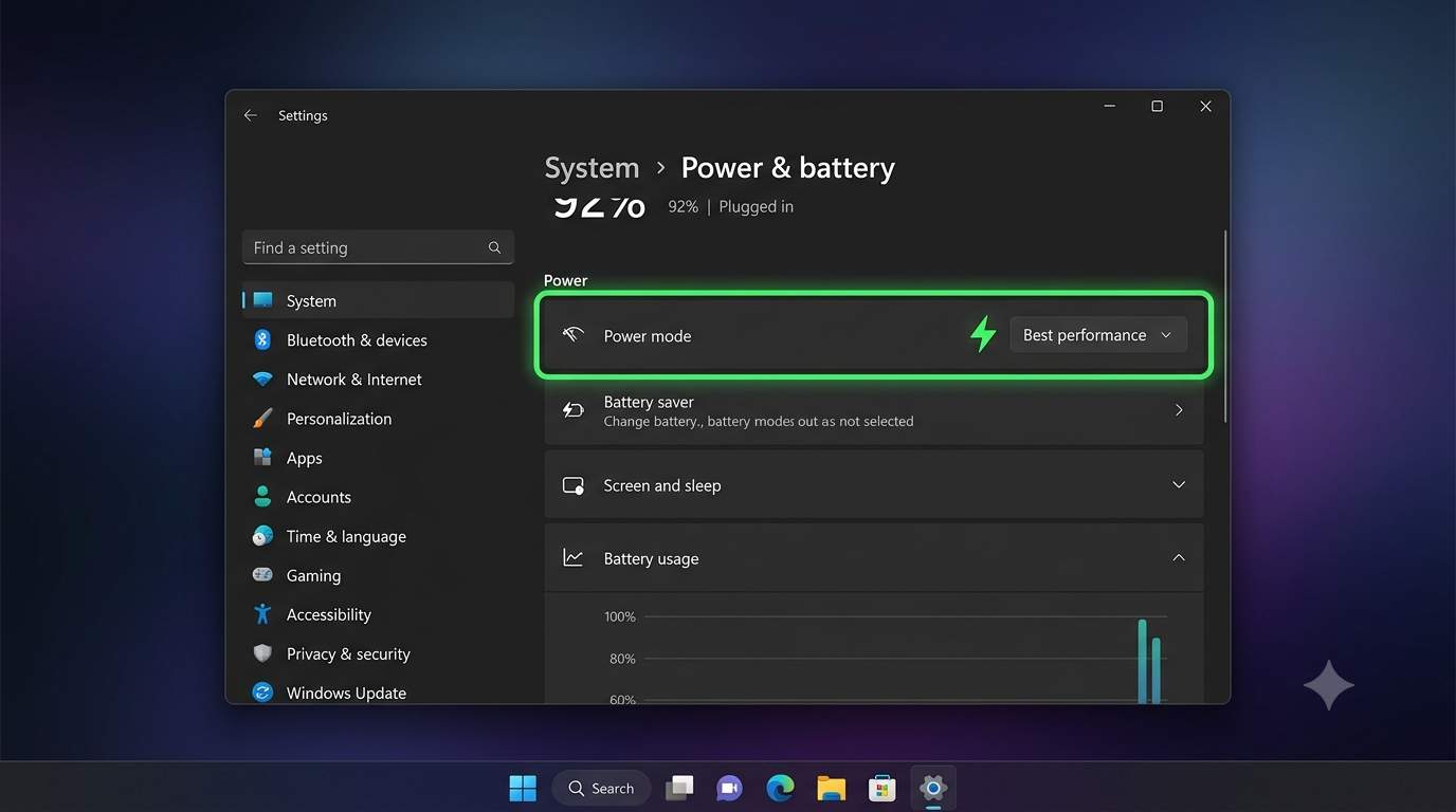 Windows 11 Settings Power and battery page with Power mode set to Best performance