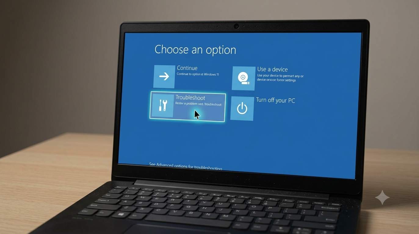 Windows 11 Recovery Environment screen showing Troubleshoot and Advanced Options