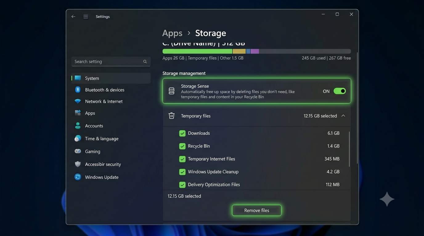 Windows 11 Storage settings with Storage Sense on and temporary files selected
