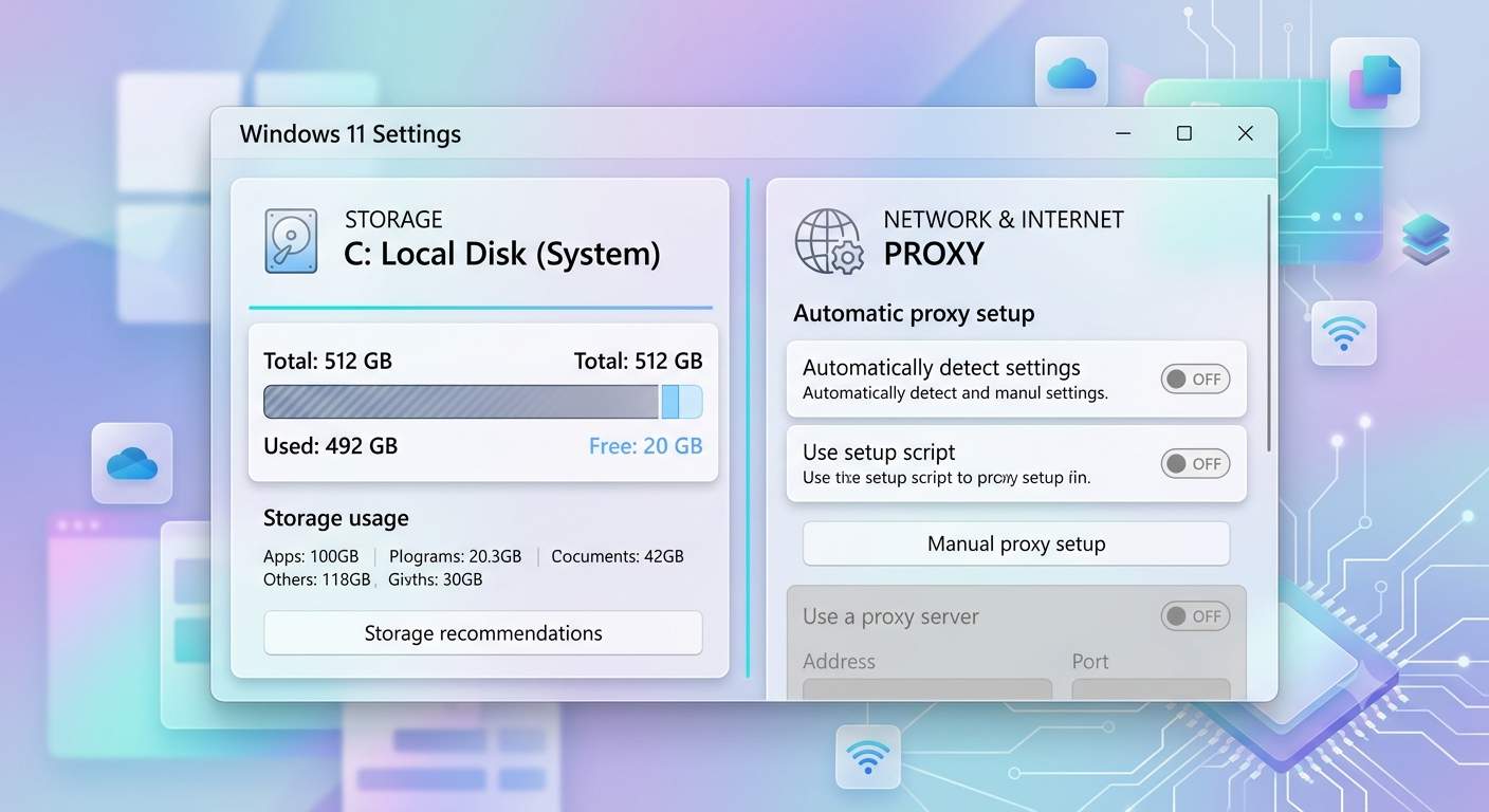Windows 11 Storage and Network Proxy settings showing C drive free space check for Windows Update fix