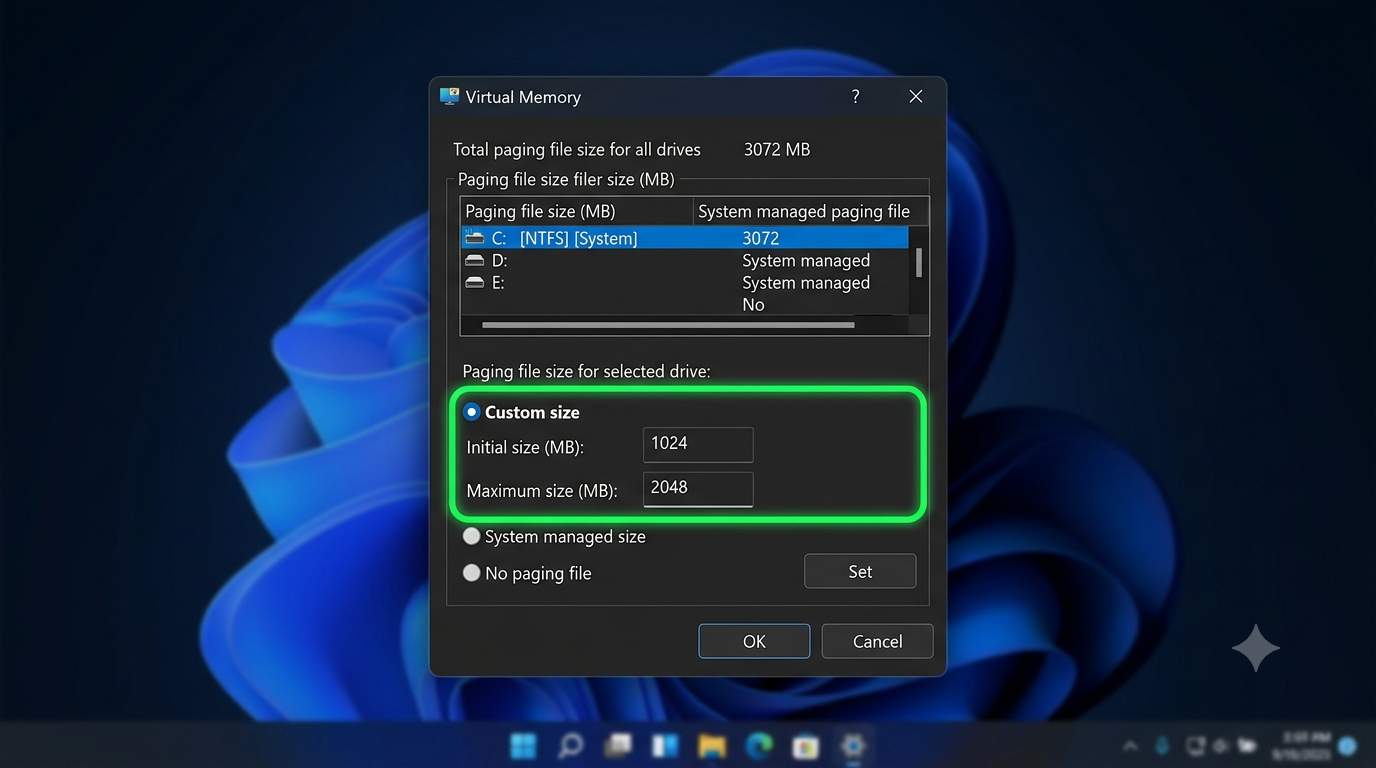 Windows 11 Virtual Memory window showing a custom page file size