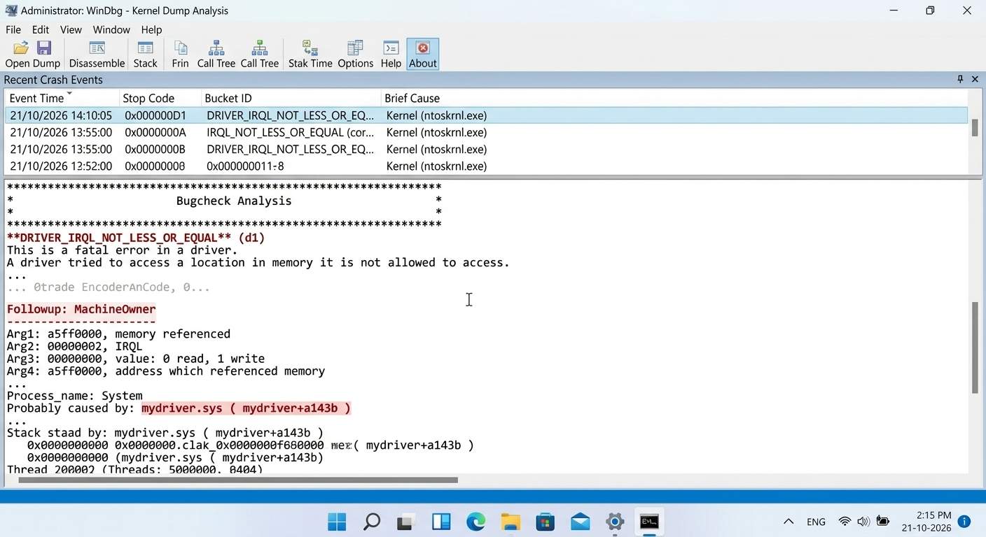 WinDbg minidump crash log analysis showing driver error causing blue screen