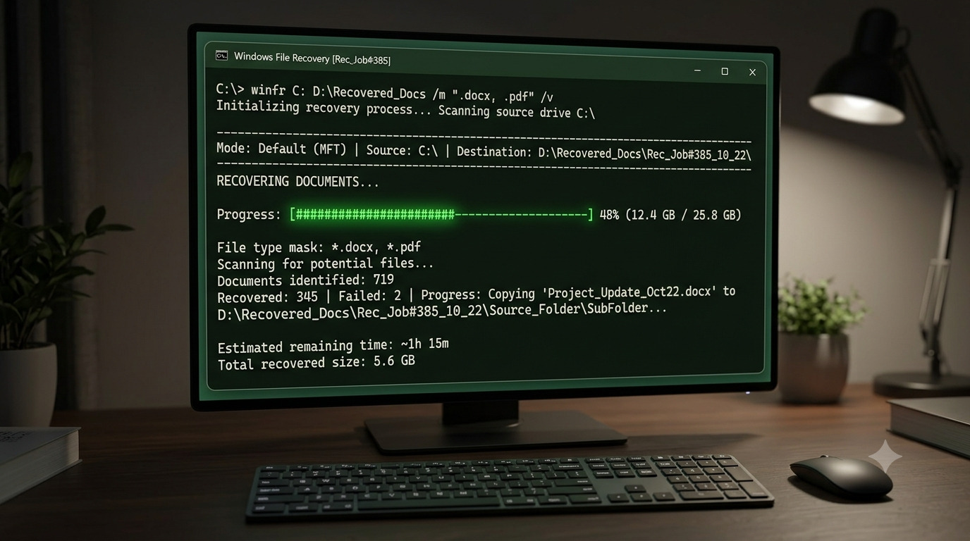 Windows File Recovery command window running a winfr command to restore deleted documents to a different drive
